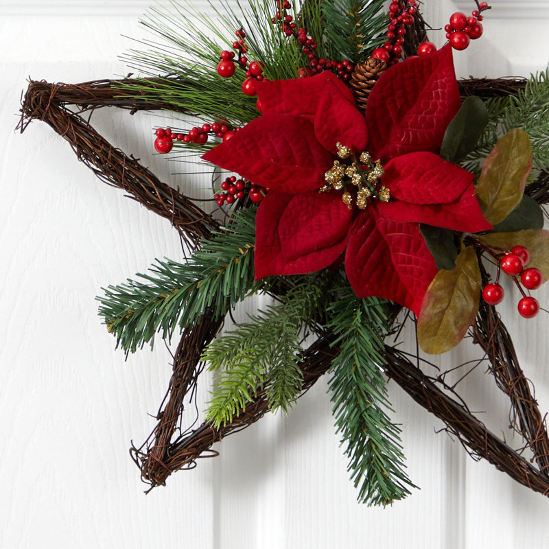 Holiday Christmas Poinsettia Star Twig Wreath