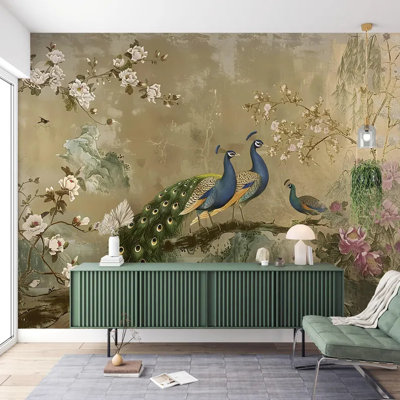 Elegant Peacock & Blossom Oriental Wall Mural