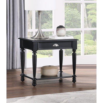 Table d'appoint traditionnelle en bois noir avec tiroir et tablette décorative. Partie inférieure en bois.