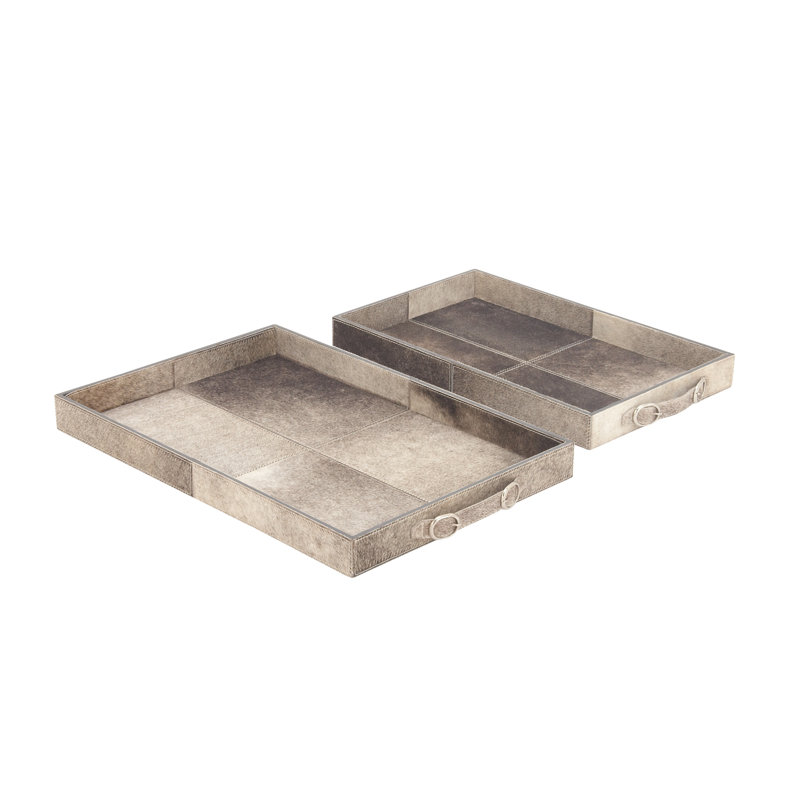 Arabella Leather Gray Wooden Handmade Cowhide Living Room Decor Tray with Slot Handles, Set of 2, Gray