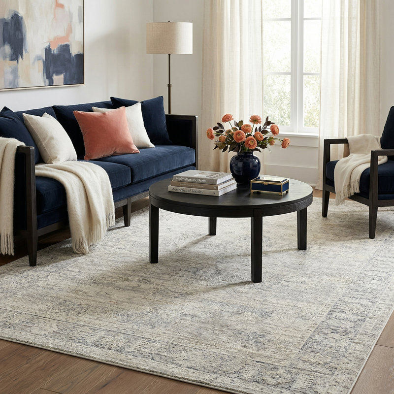 Kwamane Beige/Stone Blue Traditional Floral Filigree Power-loomed Indoor Area Rug, Rectangle 2' x 3'