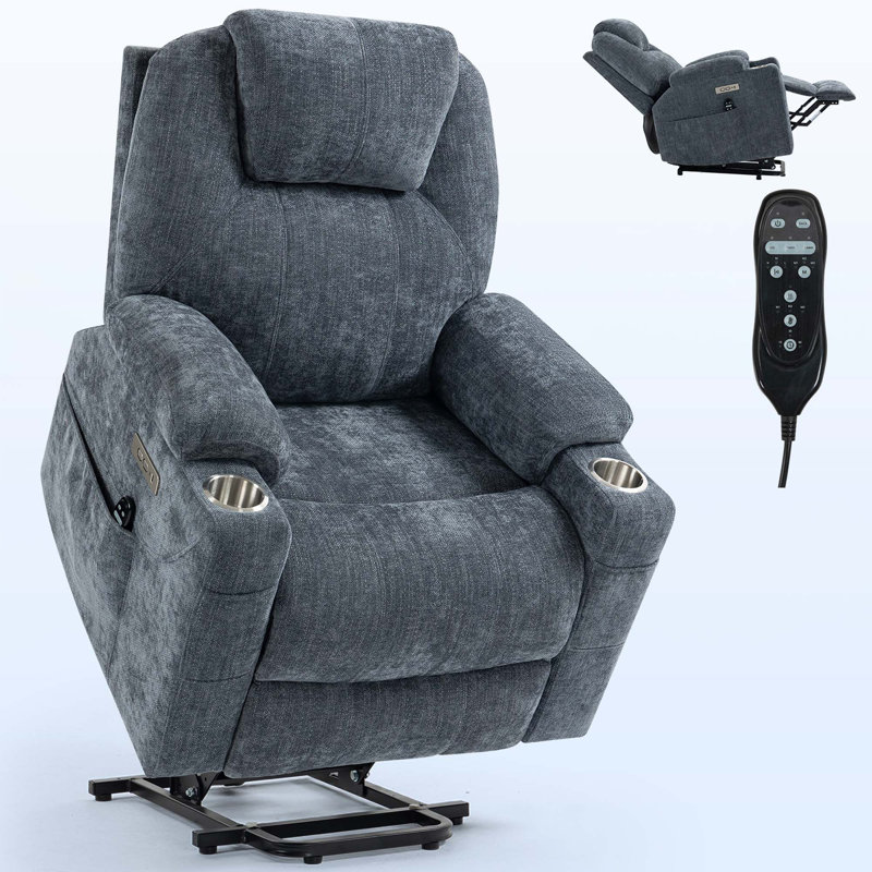 Up To 350 LBS Chenille Power Lift Recliner Chair, Heavy Duty Motion Mechanism With 8-Point Vibration Massage And Lumbar Heating, USB And Type-C Ports, Stainless Steel Cup Holders