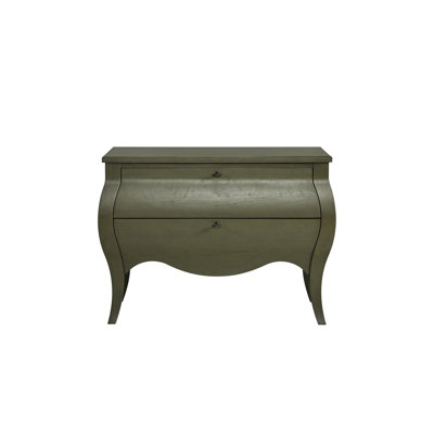 Commode en bois massif couleur pistache, avec deux tiroirs et pieds incurvés, idéale pour le rangement dans une chambre, un couloir ou un salon, hauteur 75 cm, profondeur 102 cm, finition pistache rafraîchissante.