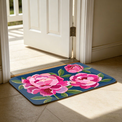 Deep Blue Peony Floral Welcome Floor Mat For Entrance Porch, 24"X 36", Navy Pink
