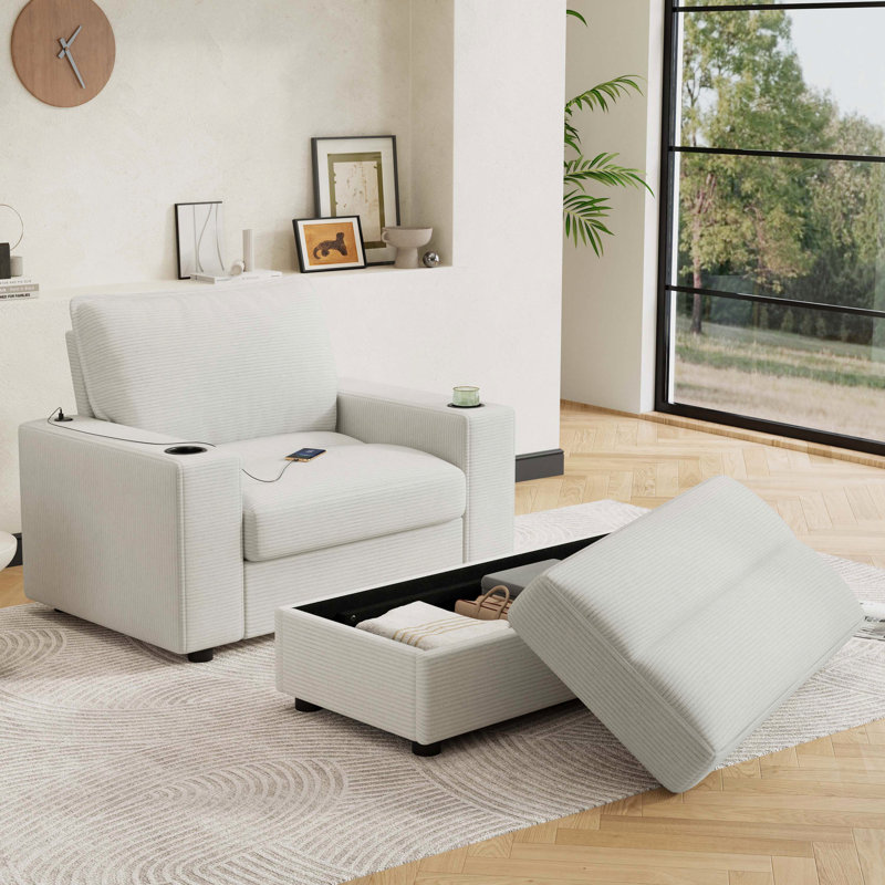 42.8" Oversized Chaise Lounge Chair With Storage Ottoman, Corduroy Sofa Bed With Cup Holders & USB Charging Port, Upholstered Sleeper Chair, Deep - Seat Reading Couch For Living Room, Bedroom,Beige