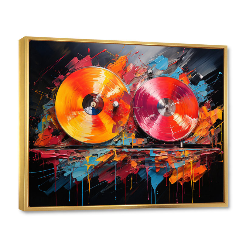 Popart Disque vinyle Reverie V sur toile, Cadre flottant doré, H 16 po x l 32 po x P 1 po