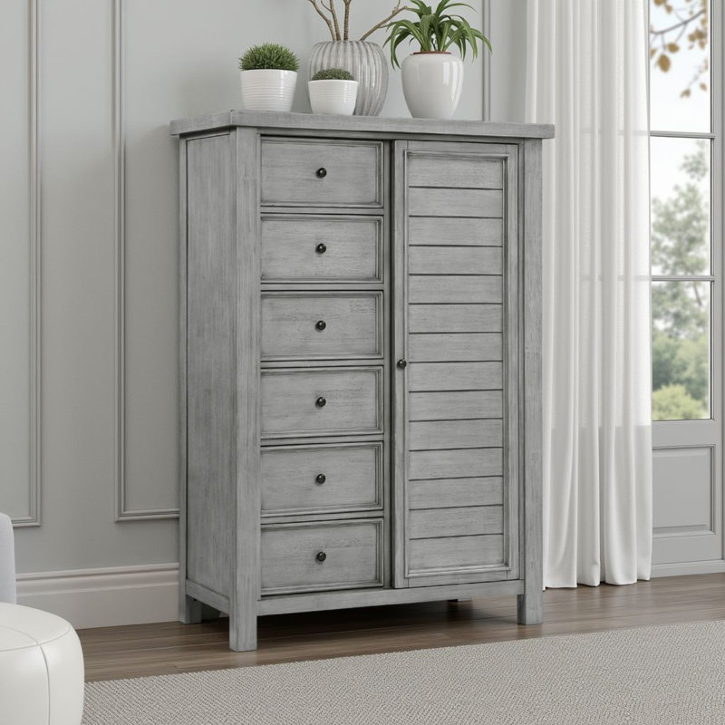 Commode Daisy, placage de manguier gris, 8 tiroirs, boutons en métal bronze