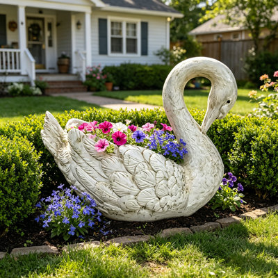 Statue de jardinière en cygne en résine résistante aux intempéries pour lit de fleurs de jardin, pelouse, porche et cour