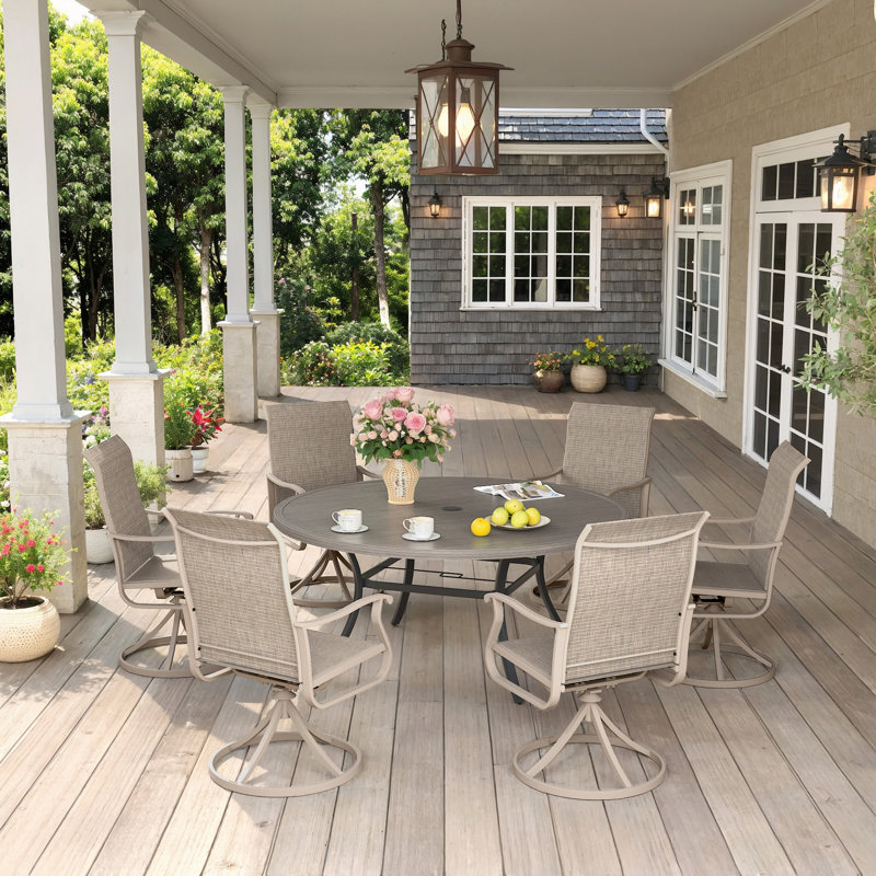 Atlasburg 6-Person Patio Dining Set with 53" Round Patio Dining Table and 6 Swivel PVC-coated polyester Dining Chairs