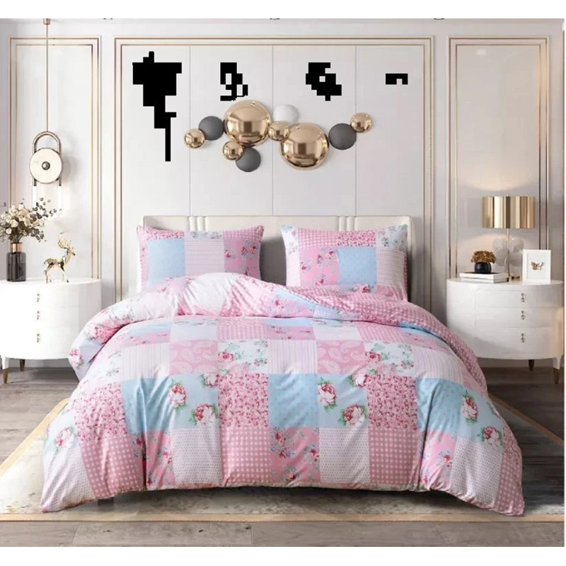 Cotton Patchwork Duvet Cover Set, Single Duvet Cover Set + 2 Additional Pieces, Pink Patchwork