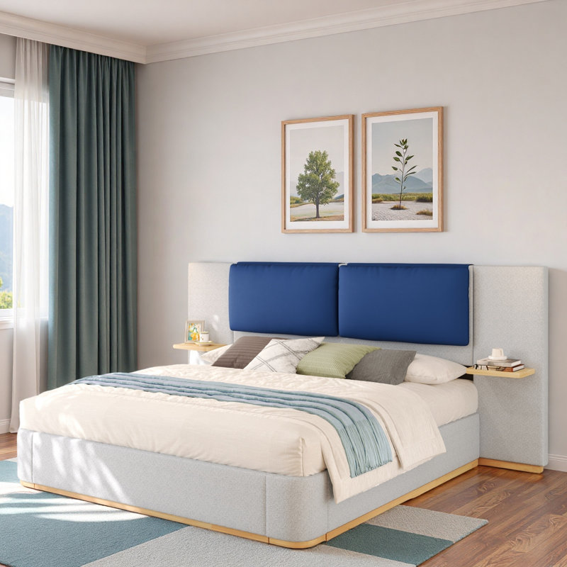 Lit plateforme tapissier avec tablettes, Gris, Grand lit
