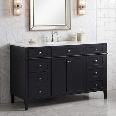 Ensemble de meuble-lavabo autoportant en bois aggloméré noir 48 po avec comptoir 48 po, 6 tiroirs, 2 portes, lavabo en composite, charnières à fermeture douce et poignées argentées
