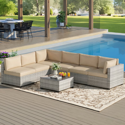 Outdoor 7-Piece Modular Rattan Patio Conversation Set with Cushions