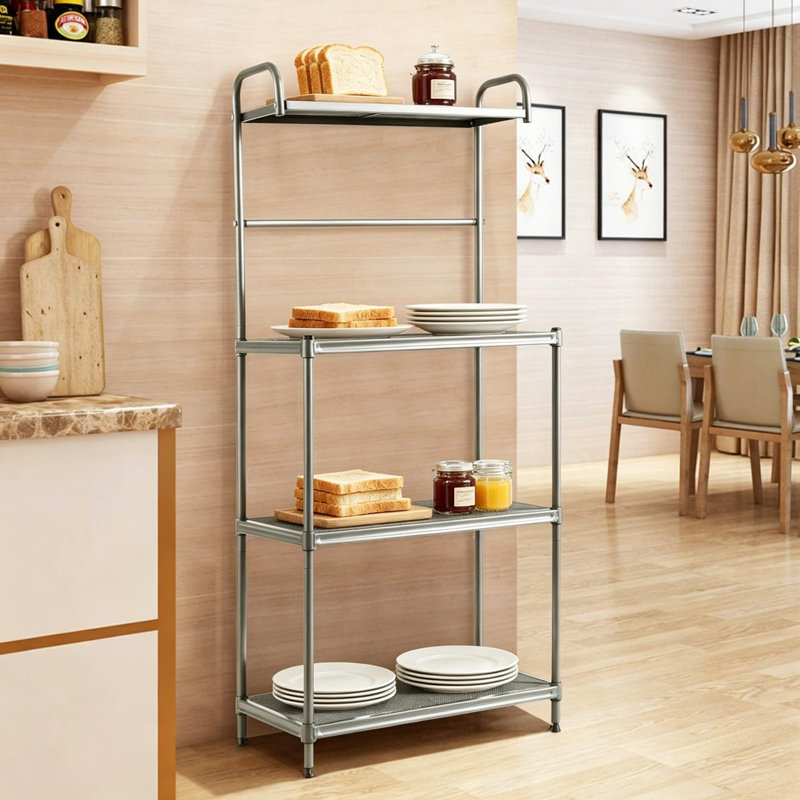 Étagère de boulanger à 4 niveaux, support de four à micro-ondes avec tablettes en grillage, grille de rangement autoportante pour la cuisine ou la salle à manger, gris