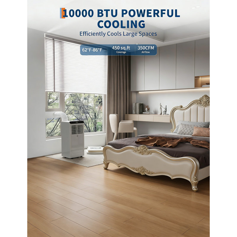 Climatiseurs portatifs 10 000 BTU pour les grandes pièces, climatiseur portatif 3 en 1 avec déshumidificateur, télécommande et minuterie, refroidit les espaces jusqu'à 450 pieds carrés, gris et noir