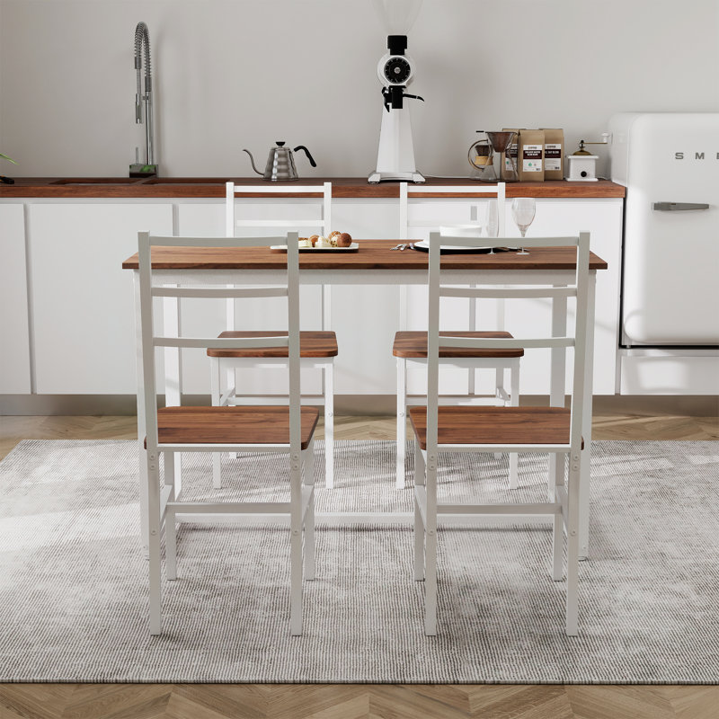 Ensemble de table de salle à manger 5 pièces, avec 4 chaises pour la salle à manger, Brun, Blanc, Brown