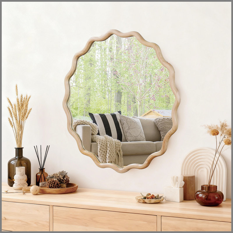 Miroir décoratif rond en bois naturel ondulé de 30 pouces de couleur bois naturel, pour chambre à coucher, salle de bain, salon, entrée