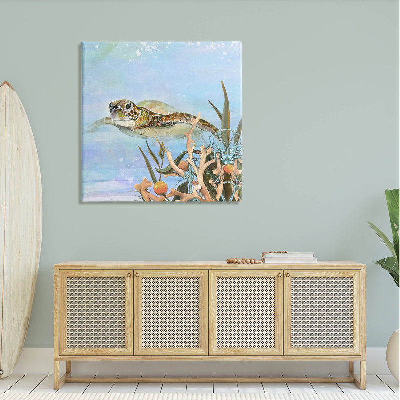 Tortue de mer sous-marine nageant - impression sur toile tendue, H 36 po x l 36 po x P 1,5 po