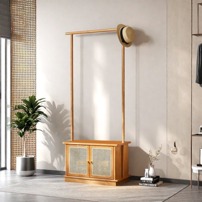 Ash Wood Rattan Coat Rack Multi-Function Storage