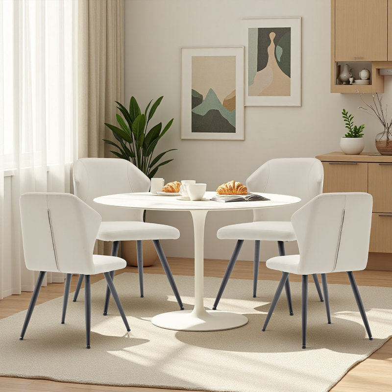 Set Of 2 Dining Chairs In Beige Faux Leather - Modern Kitchen & Dining Room Side Chairs With Metal Legs