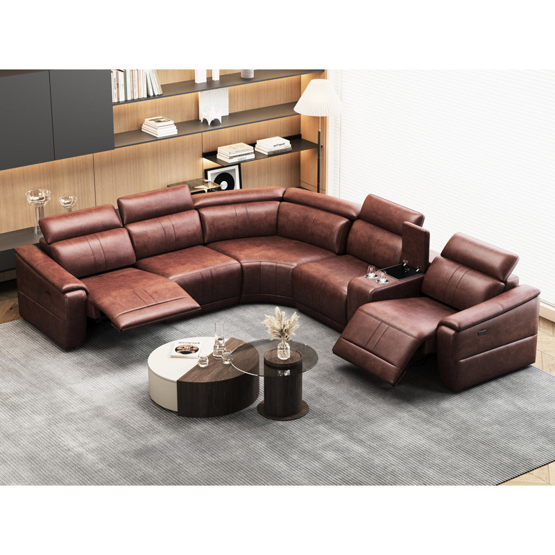 Canapé modulaire en cuir brun foncé 6 pièces pour le salon, inclinable électrique avec cuir respirant, mousse à haute résilience, structure en bois, rangement intégré et fonctionnalité de compatibilité avec les porte-gobelets