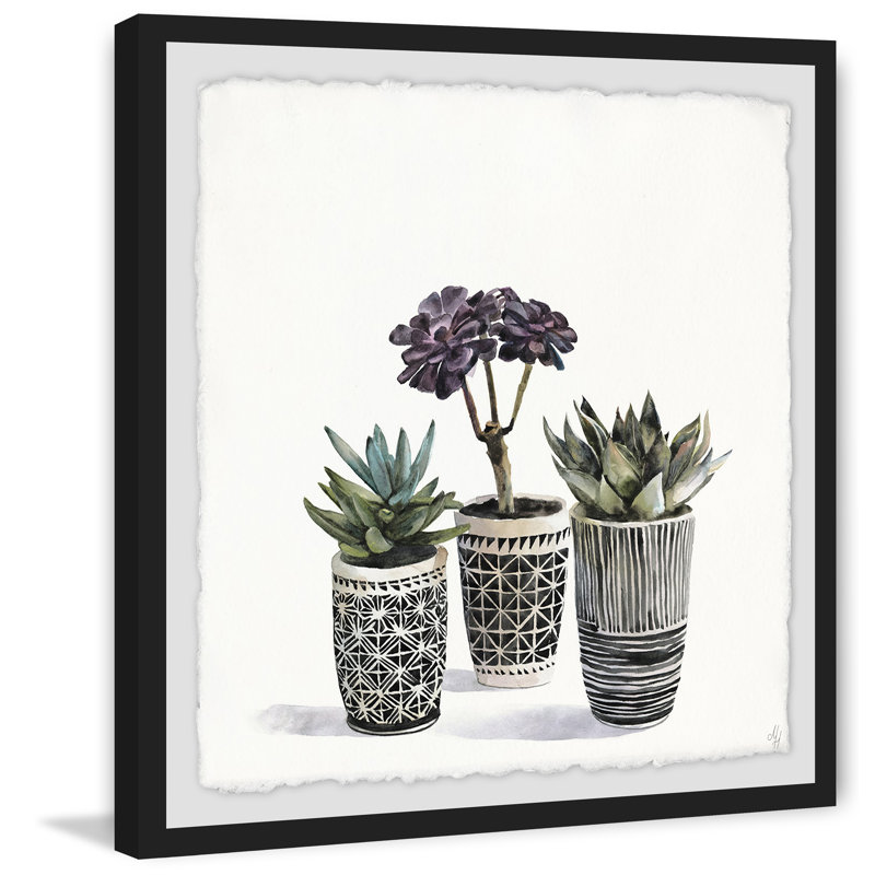 « three pots », reproduction de peinture à l’aquarelle encadrée, H 32 po x l 32 po x P 1,5 po