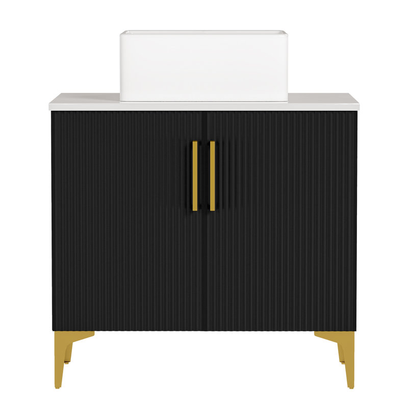 Balconera 30 Inch Single Bathroom Vanity With Ceramic Sink And Engineered Stone Countertop, Black