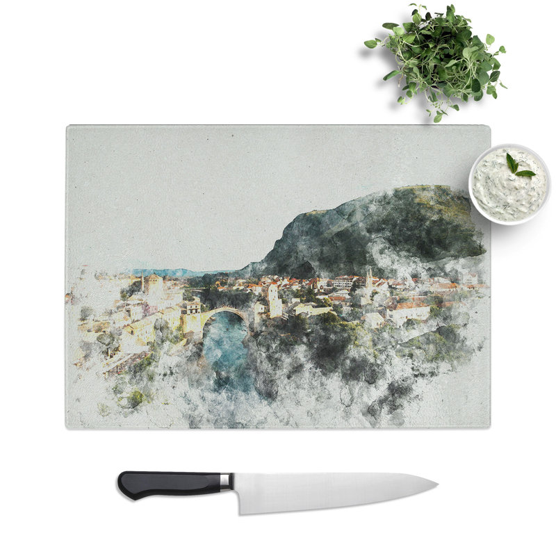 Skyline of Mostar Watercolour Chopping Board, 28.5cm W x 39cm L