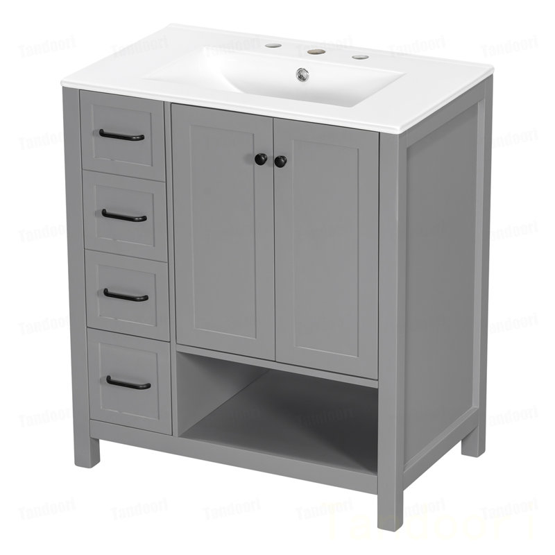 Meuble-lavabo de salle de bain avec comptoir, meuble-lavabo avec deux portes et deux tiroirs, bois massif, tablette ouverte, panneaux de fibres à densité moyenne, un paquet, gris