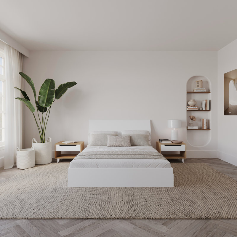 Ensemble de chambre à coucher avec rangement réversible 3 pièces Numan, Beige / Blanc, Complet/Double