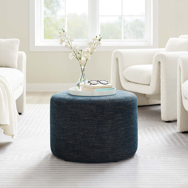 Modway Callum Large 23" Round Woven Heathered Fabric Upholstered Ottoman, Heathered Weave Azure Fabric