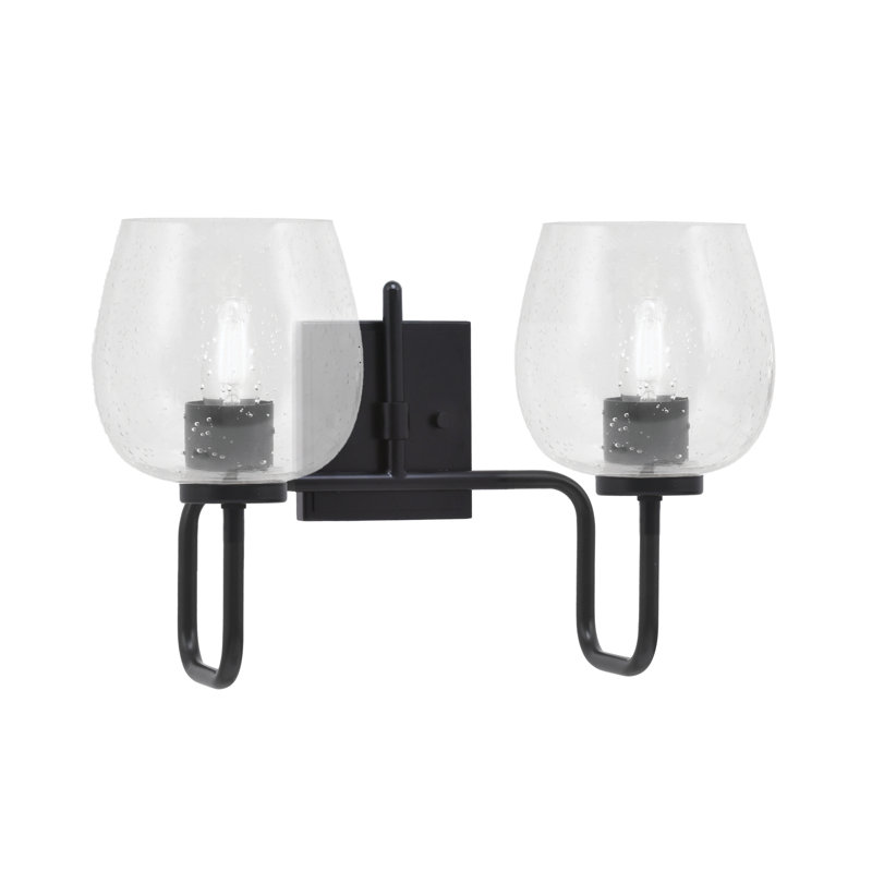 Barre d'éclairage de salle de bain 2 lumières Amarmula, finition noir mat, verre à bulles 6 po, Clair, Noir