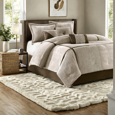 Luxurious 7-piece Bedding Sets, Micro Corduroy Polyester, Modern Taupe Comforter For All Seasons