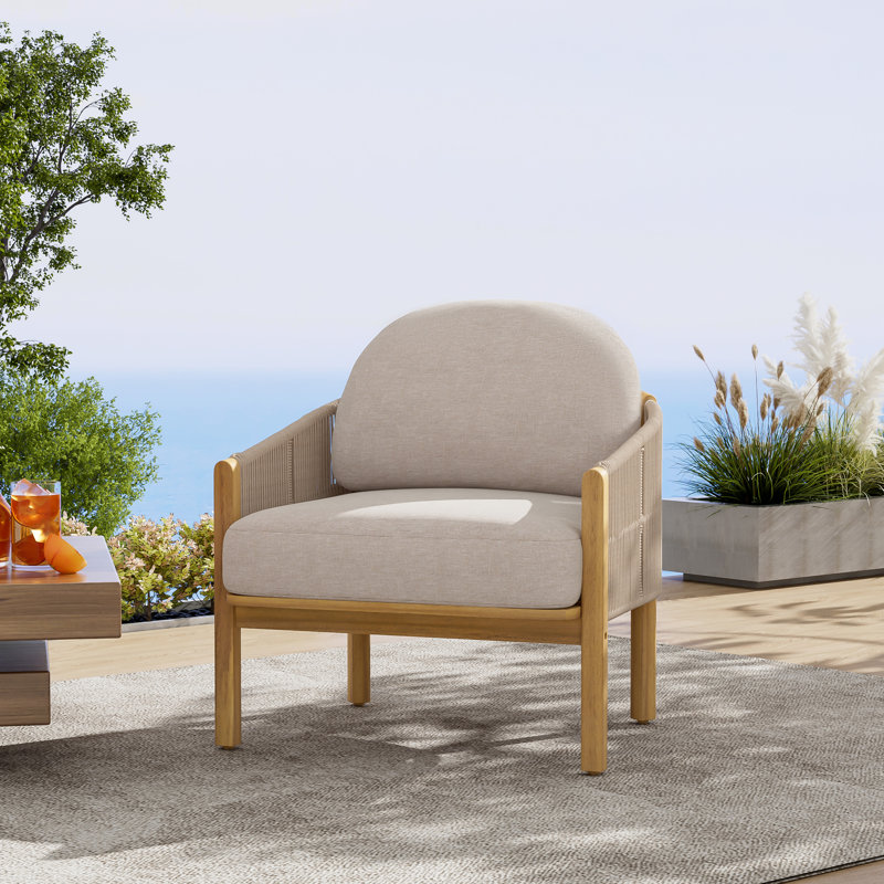 Grotta Outdoor Wood Club Chair, Rope With Cushion, Beige Cushion/Teak Frame