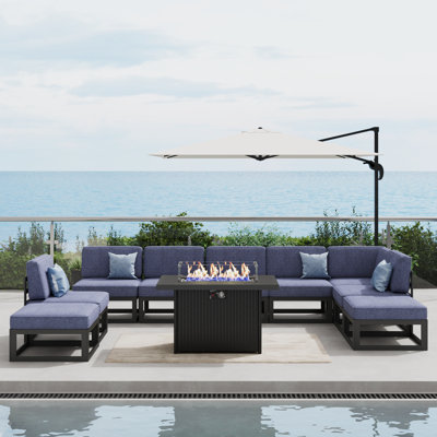  10 Pieces Modern Aluminum Patio Furniture Set With Fire Table, Outdoor Modular Sectional Conversation Set L-shaped Sofa For Backyard