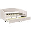 Lit de jour rembourré beige avec espace de rangement supplémentaire et structure stable avec deux tiroirs pratiques - Simplifiez-vous la vie