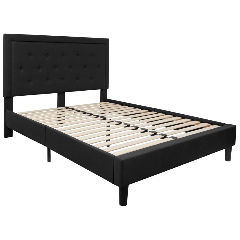 Aluino Panel Button Tufted Upholstered Platform Bed Frame - No Box Spring Required, Black, Queen