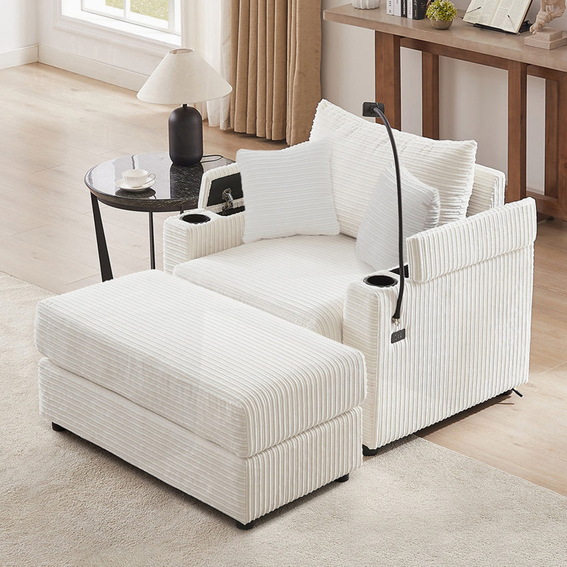 Modern Style Single Sofa Sofa Couch with A Movable Ottoman for Living Room, Beige Corduroy