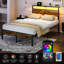 Cadre de lit simple, grand lit avec tête de charge et lumières à DEL, lit plateforme avec lattes en métal-1043257503-1047012200