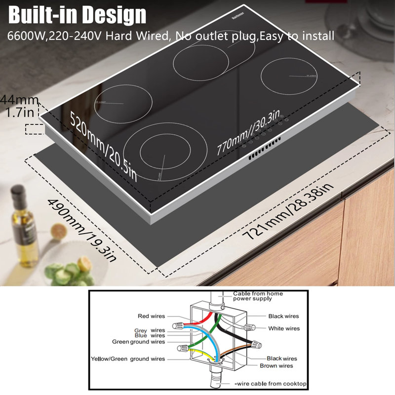 Karinear 30" Black Electric 4 Burner Cooktop Built-in 6600W