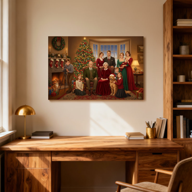 Noël en famille avec arbre et foyer, H 24 po x l 36 po