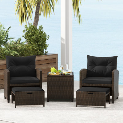Winston Porter 5 Piece Patio Rattan Furniture With 2 Ottomans & Tempered Glass Coffee Table