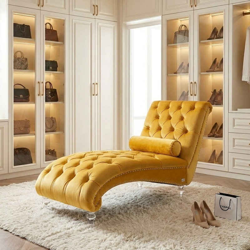 Chaise longue rembourrée en velours Jakolbi Elegant, Velours moutarde