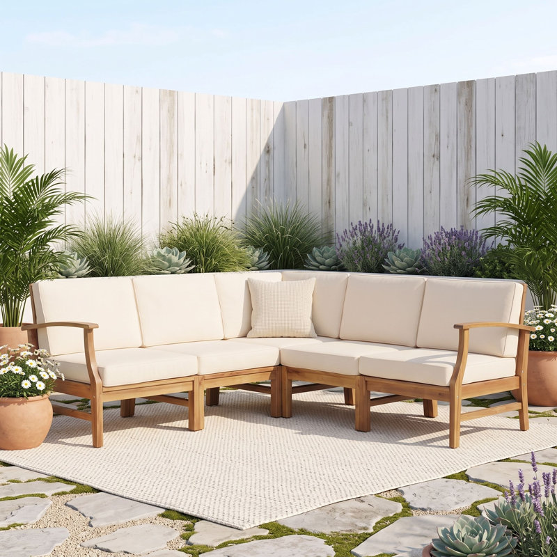 Ensemble de canapé modulaire d'extérieur en bois d'acacia avec coussins résistants à l'eau, loquets intégrés et fauteuils