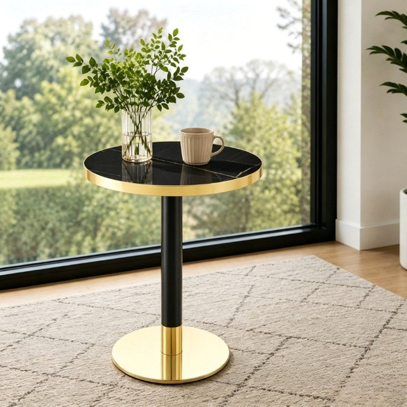 Panneau de fibres à densité moyenne rond de 23,6 po recouvert d'un comptoir de peinture UV, texture marbre, bordure en acier inoxydable, pieds de table en métal, table basse moderne et luxueuse.