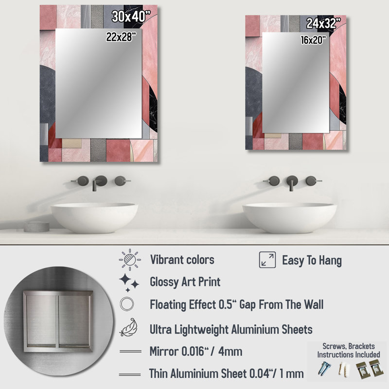 Pink Transcendent Angles II - Abstract Shapes Decorative Mirror, Pink Large Wall Mirror, Printed Metal Art, 40" x 30"
