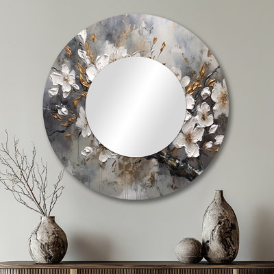 White Grey Cherry Blossum Harmony I - Floral Round Mirror Wall Decor