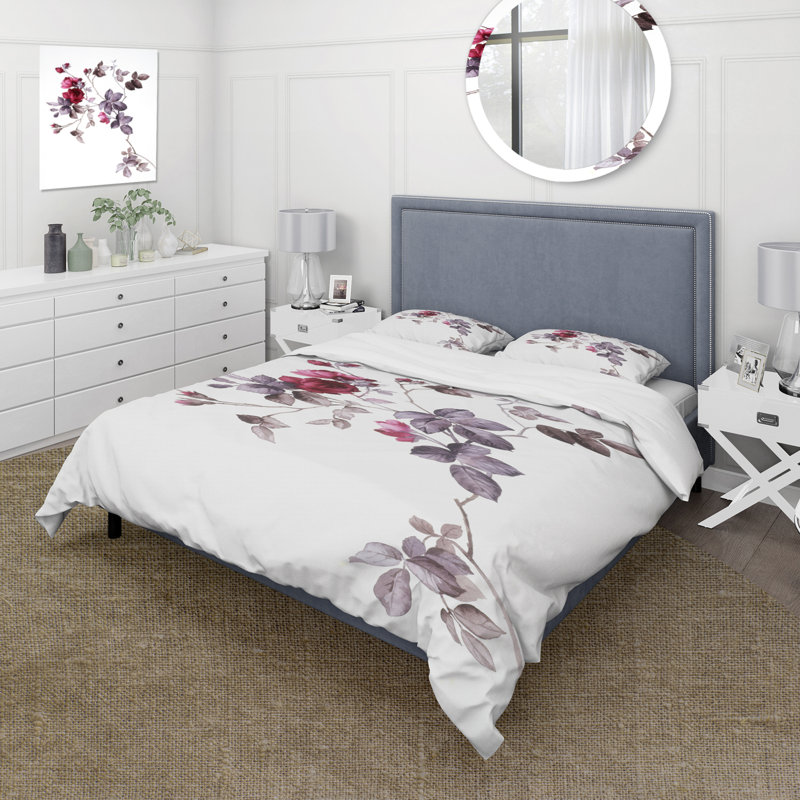 Ensemble de housse de couette en microfibre Allegra mauve / blanc / rouge, Housse de couette pour grand lit et 2 taies décor