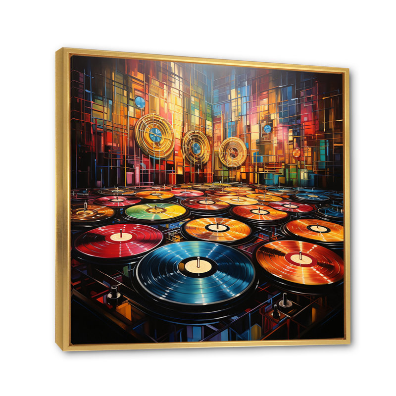 Vinyle Disque Rhythme II - Impressions sur toile, H 36 po x l 36 po x P 1,5 po, Cadre flottant doré