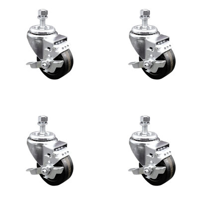 3 Inch SS Phenolic Wheel Swivel 10mm Threaded Stem Caster Set Brake SCC